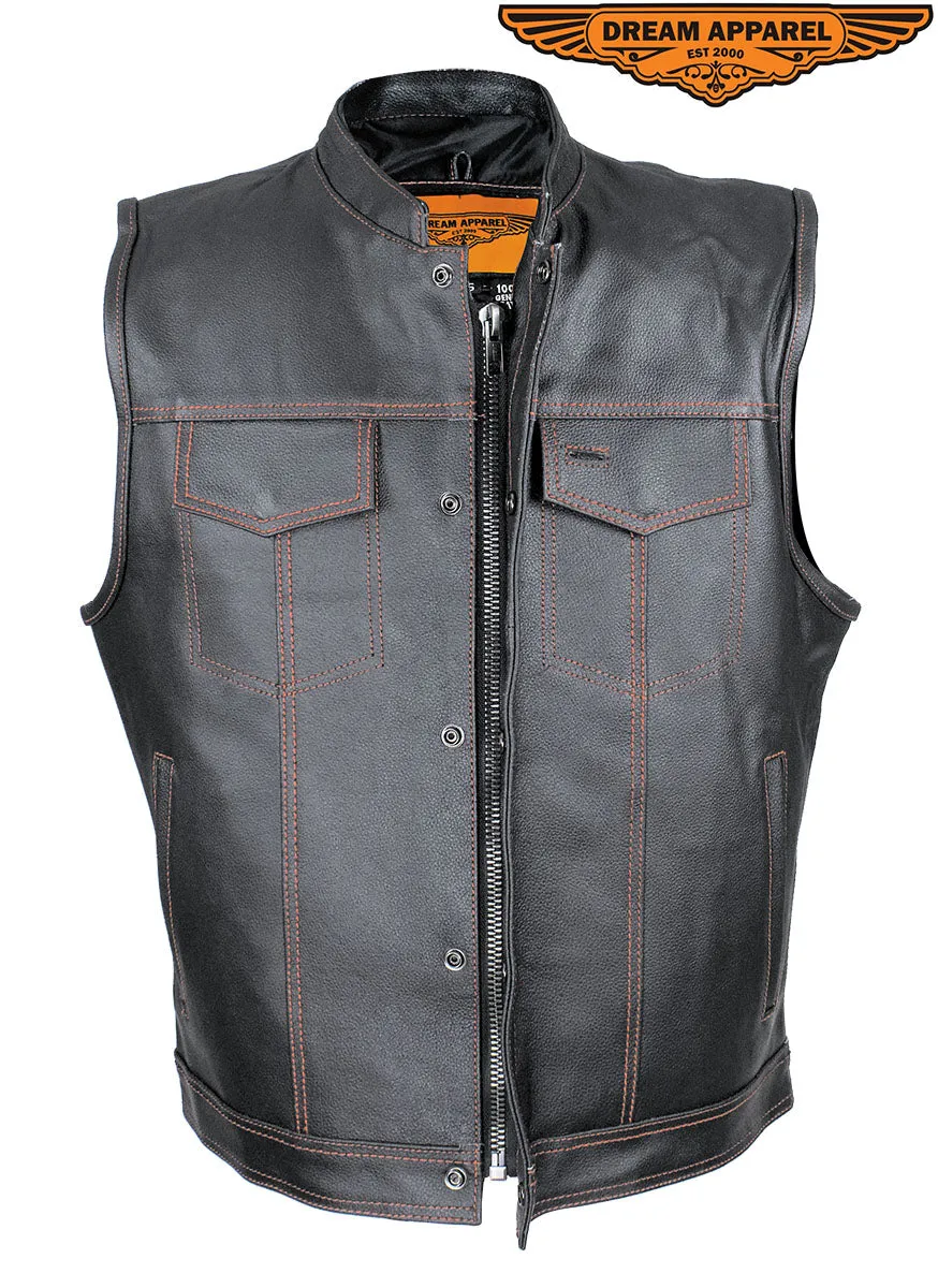 Men's Black Split Leather Motorcycle Vest Red Stitching