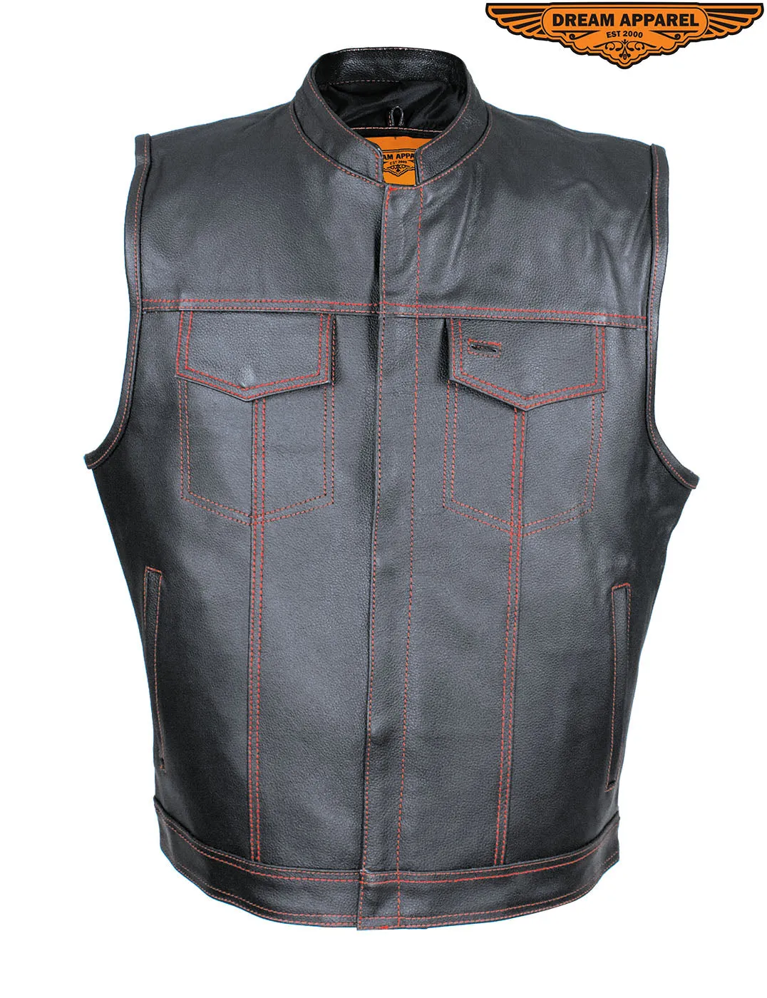 Men's Black Split Leather Motorcycle Vest Red Stitching