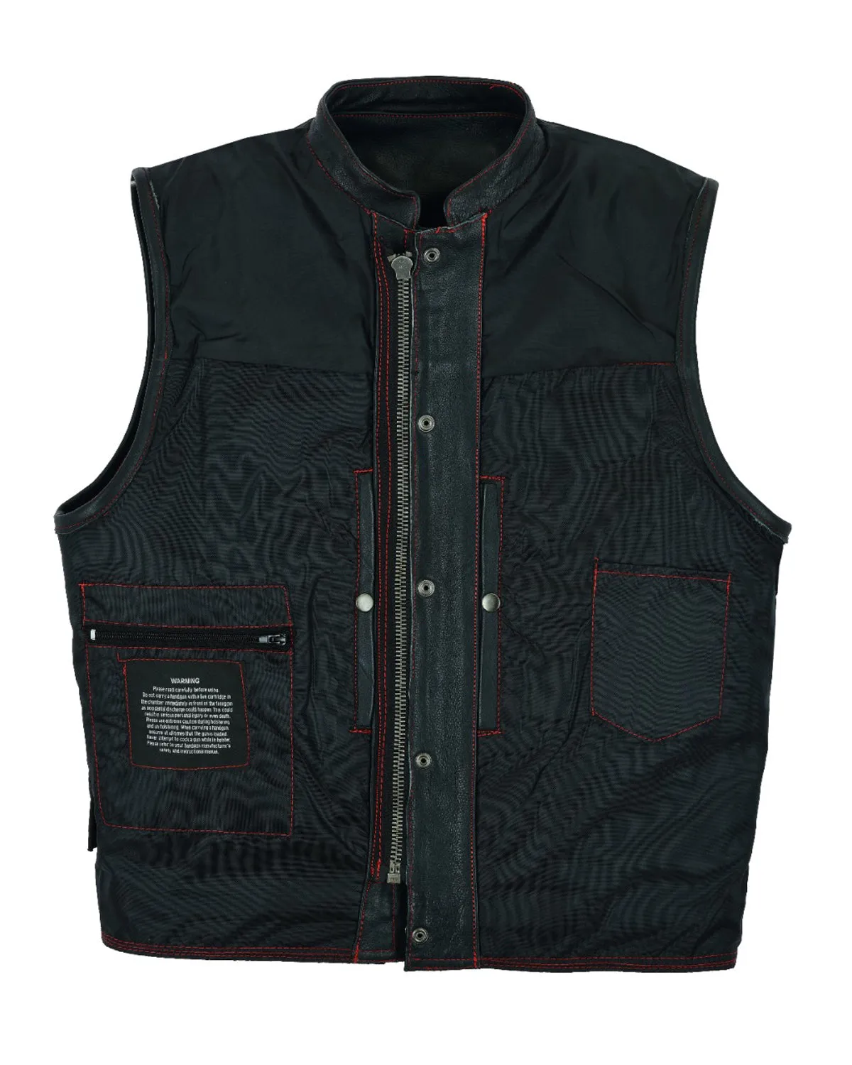 Men's Black Split Leather Motorcycle Vest Red Stitching