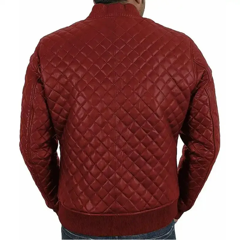 Men's Slim Fit Quilted Red Bomber Biker Jacket