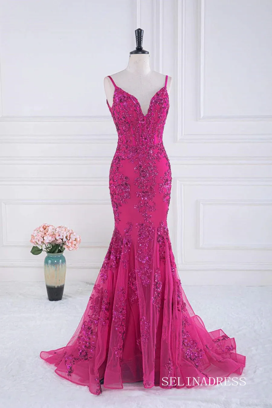 Mermaid Fuchsia V Neck Sequined Slip Long Prom Dress lps031