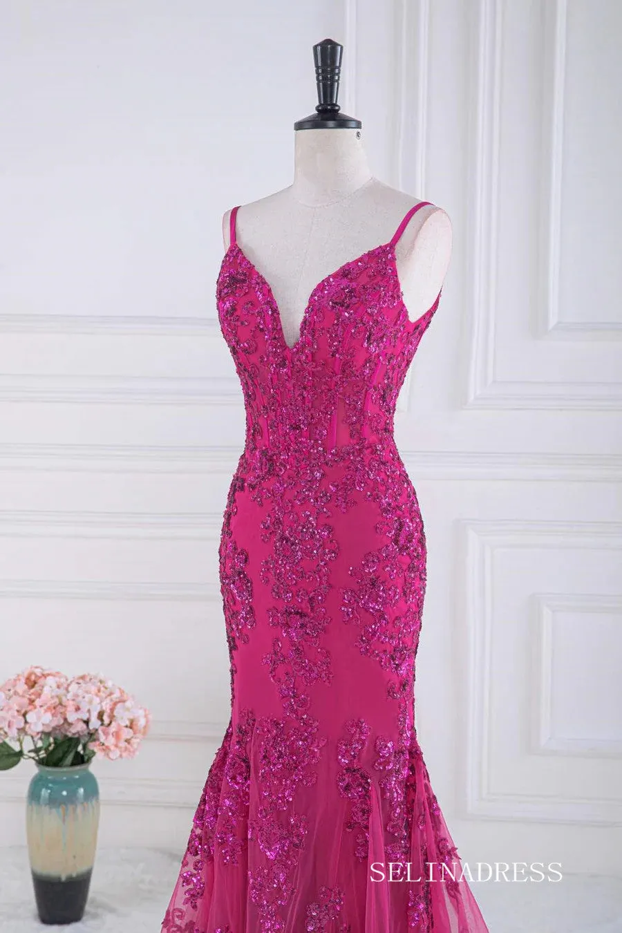 Mermaid Fuchsia V Neck Sequined Slip Long Prom Dress lps031