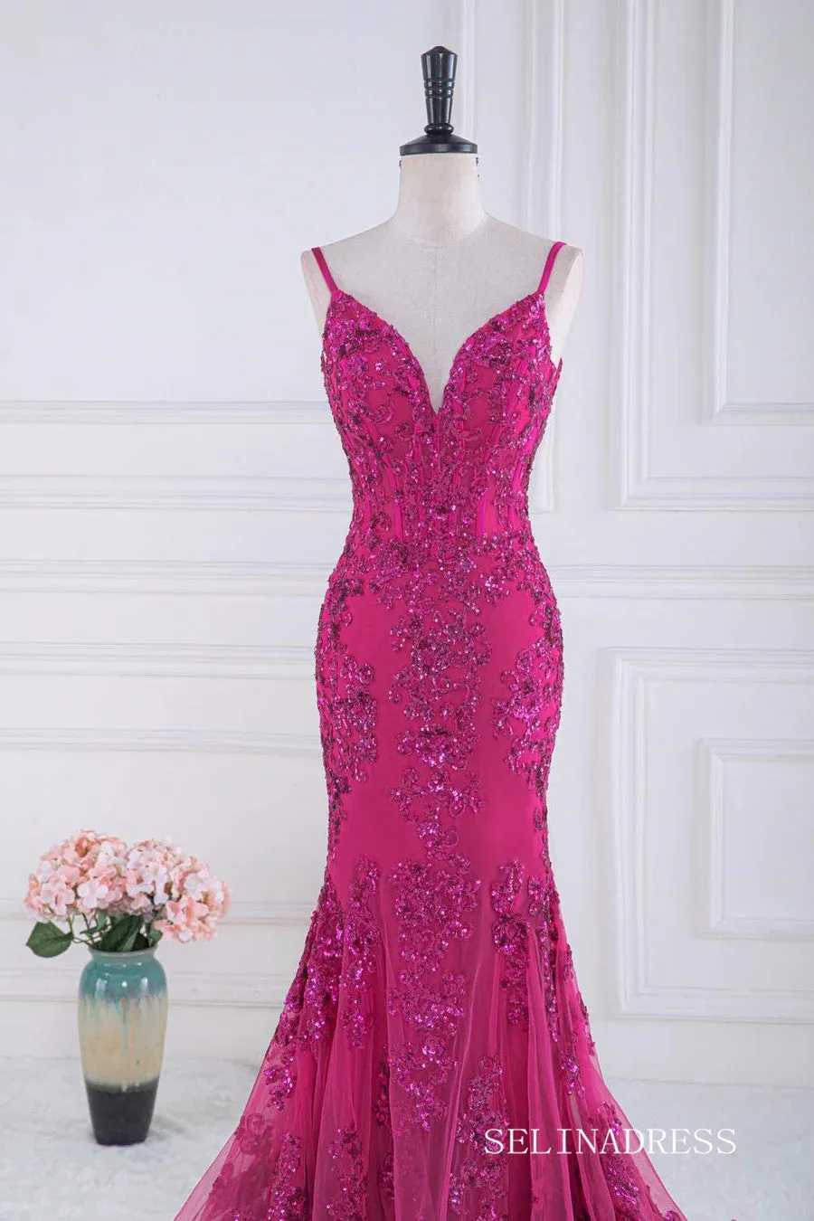 Mermaid Fuchsia V Neck Sequined Slip Long Prom Dress lps031