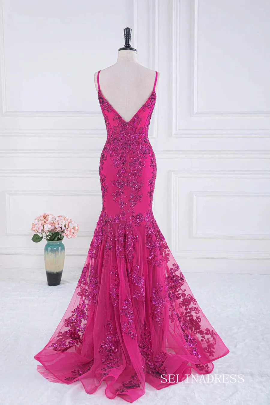 Mermaid Fuchsia V Neck Sequined Slip Long Prom Dress lps031