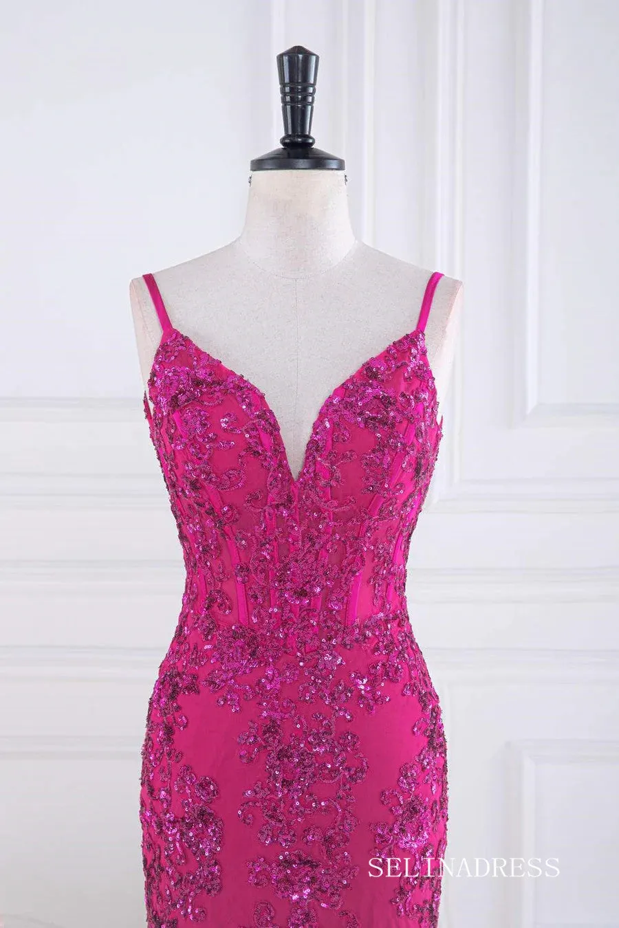 Mermaid Fuchsia V Neck Sequined Slip Long Prom Dress lps031