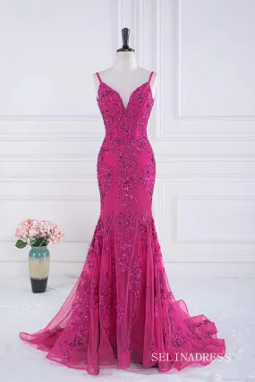 Mermaid Fuchsia V Neck Sequined Slip Long Prom Dress lps031