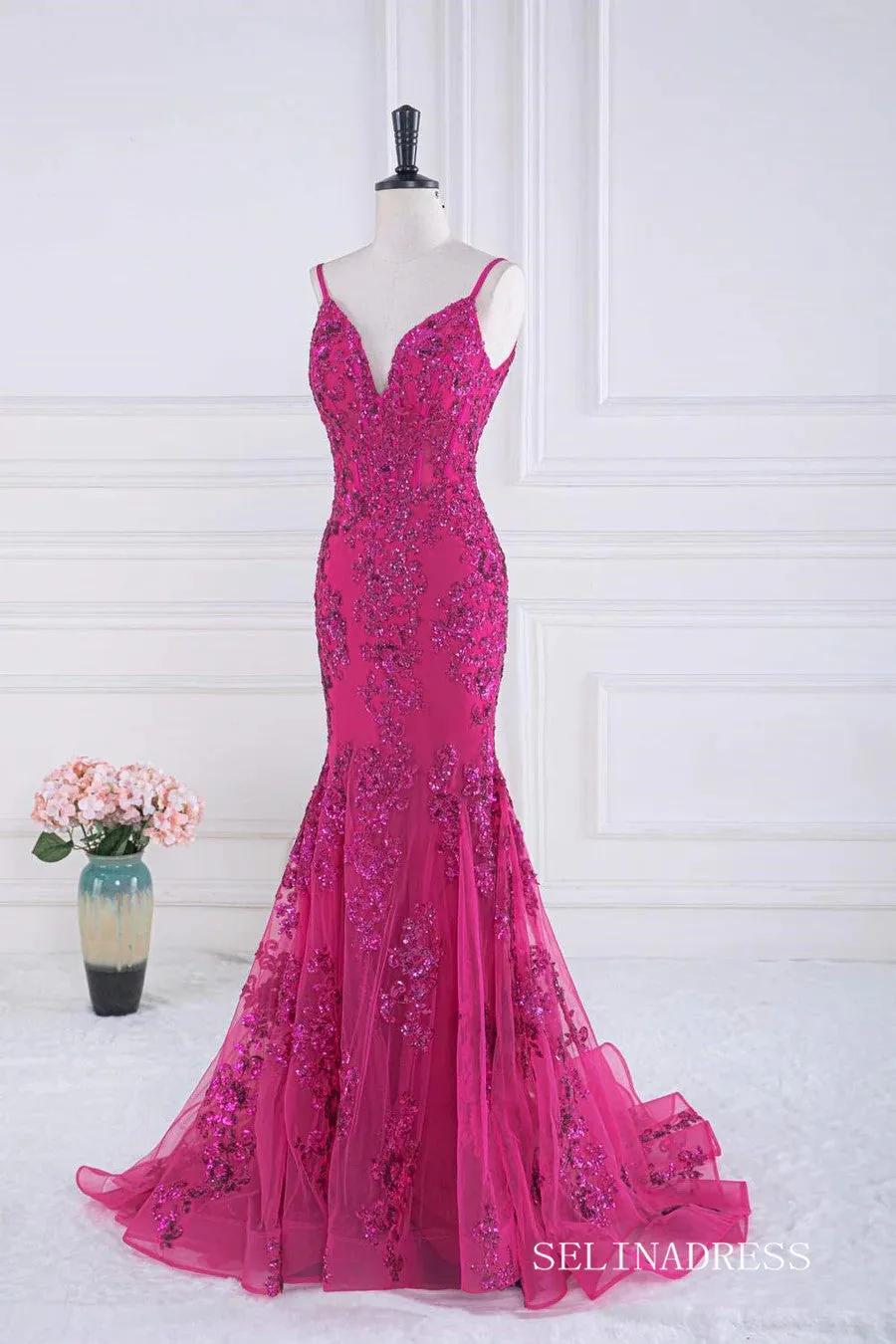 Mermaid Fuchsia V Neck Sequined Slip Long Prom Dress lps031