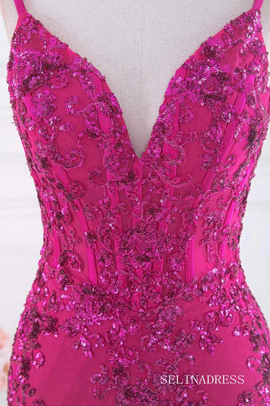 Mermaid Fuchsia V Neck Sequined Slip Long Prom Dress lps031