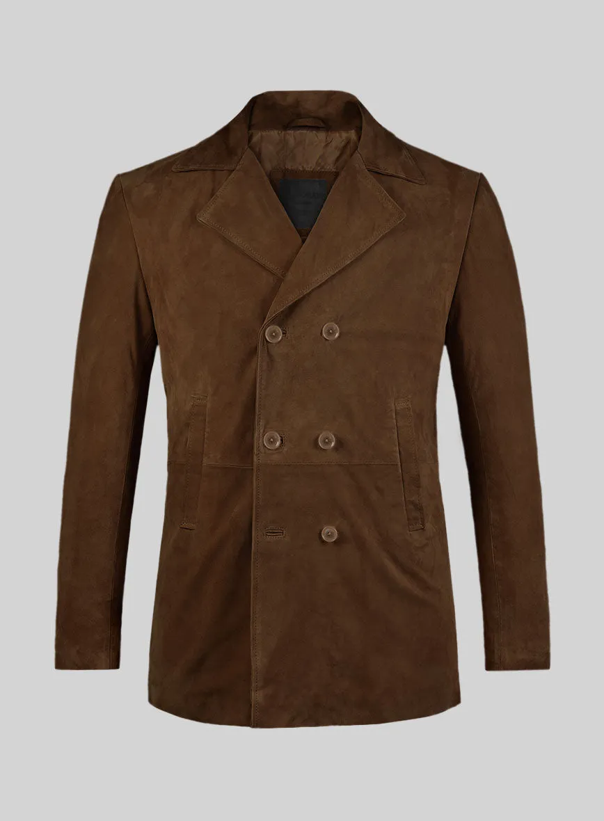 Mid Brown Suede Leather Pea Coat