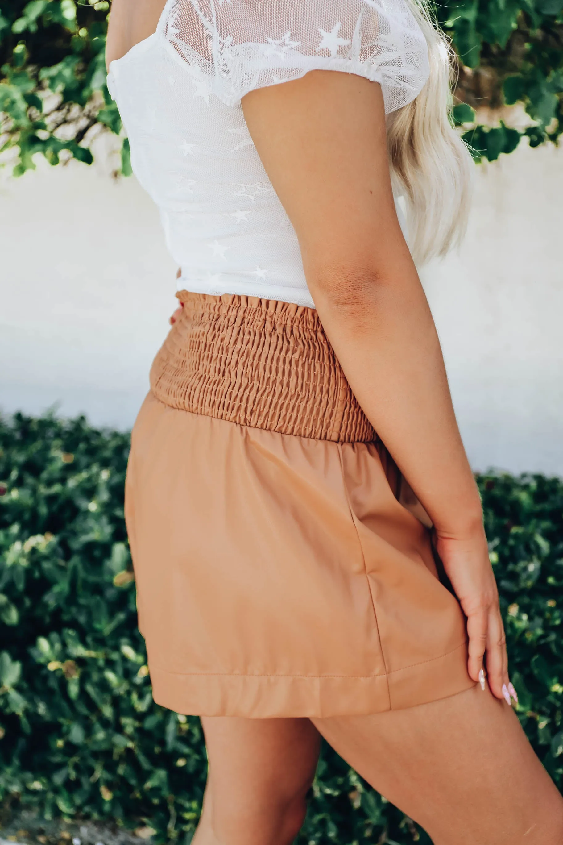 Minimalistic Faux Leather Shorts - Camel - Final Sale