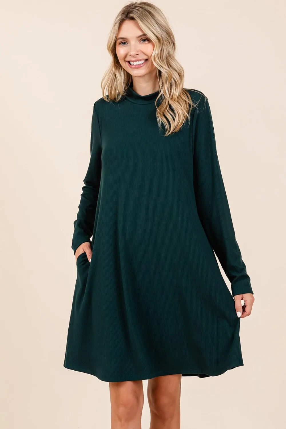 Mock Neck Long Sleeve Dress with Pockets