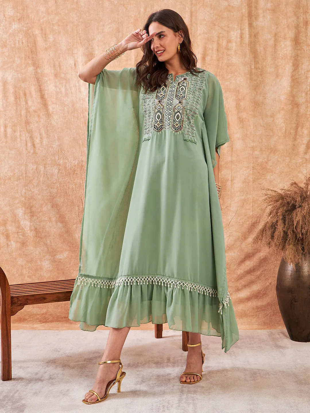 Moss Green Hand Embroidered Layered Party Dress with Slip