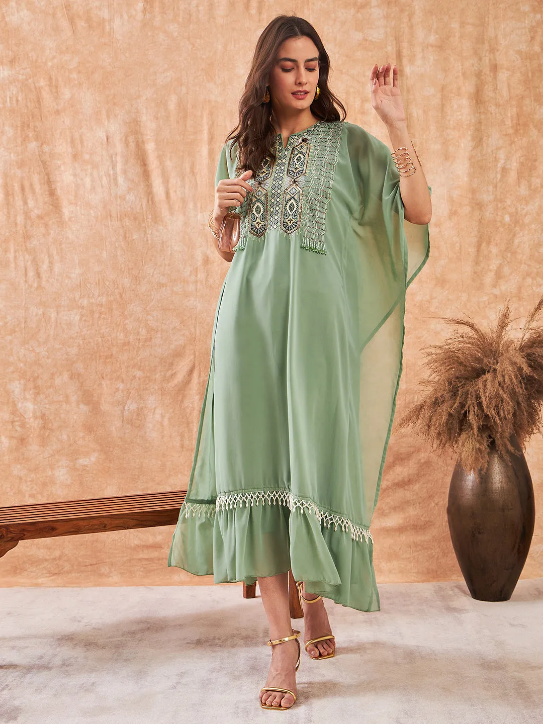 Moss Green Hand Embroidered Layered Party Dress with Slip