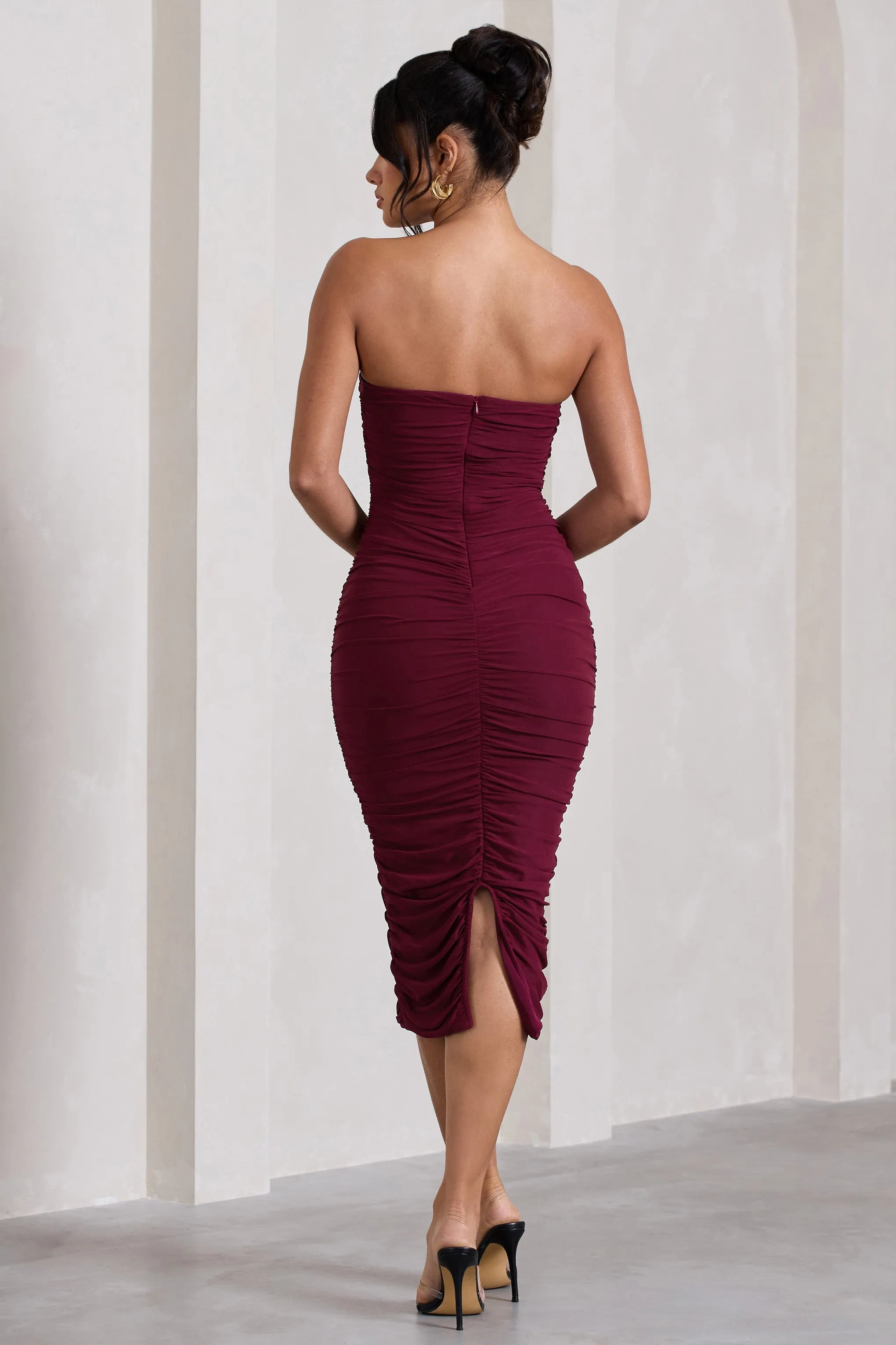 My Girl | Burgundy Bandeau Bodycon Ruched Mesh Midi Dress