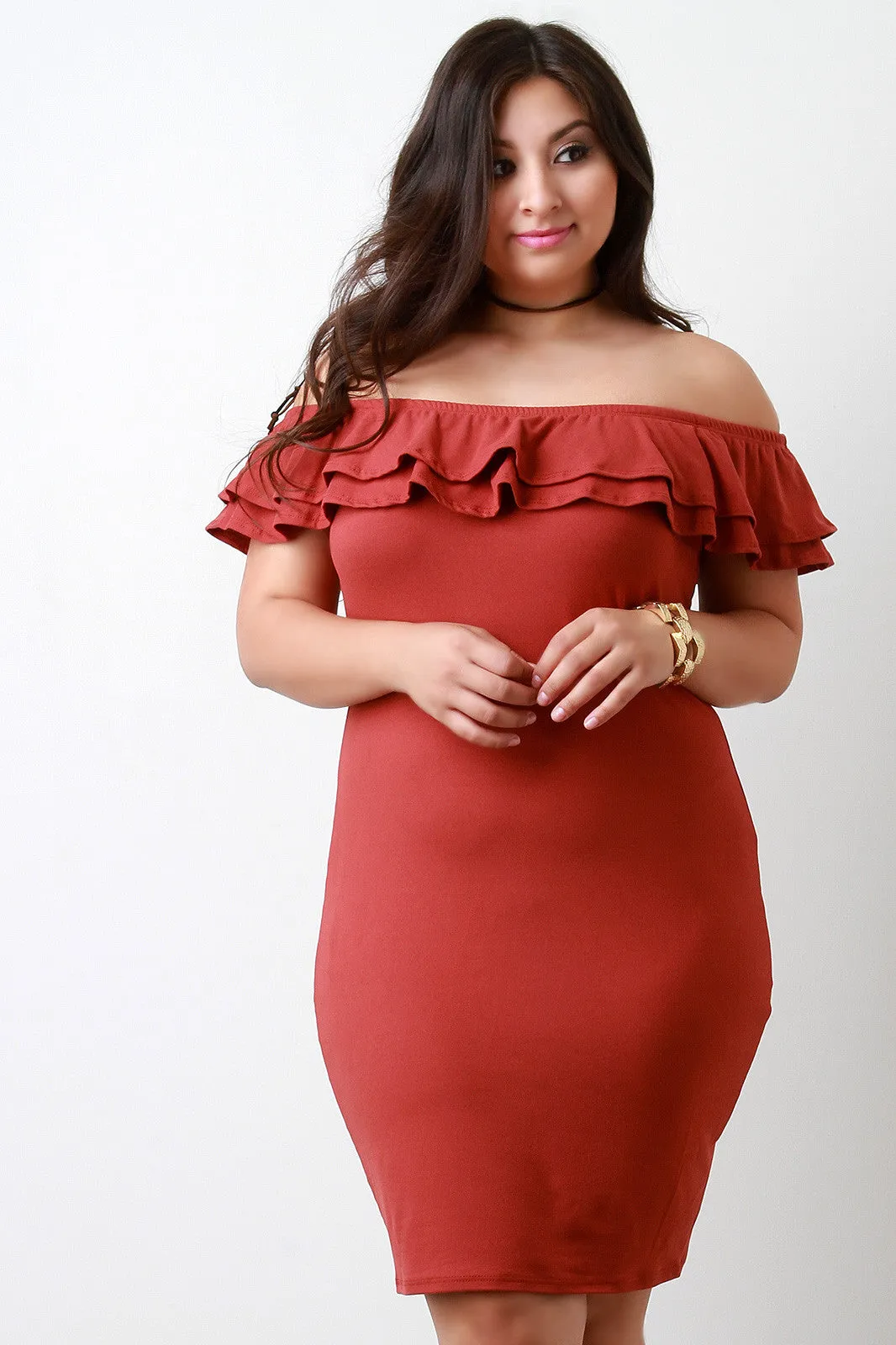 Off The Shoulder Layer Ruffle Bodycon Dress