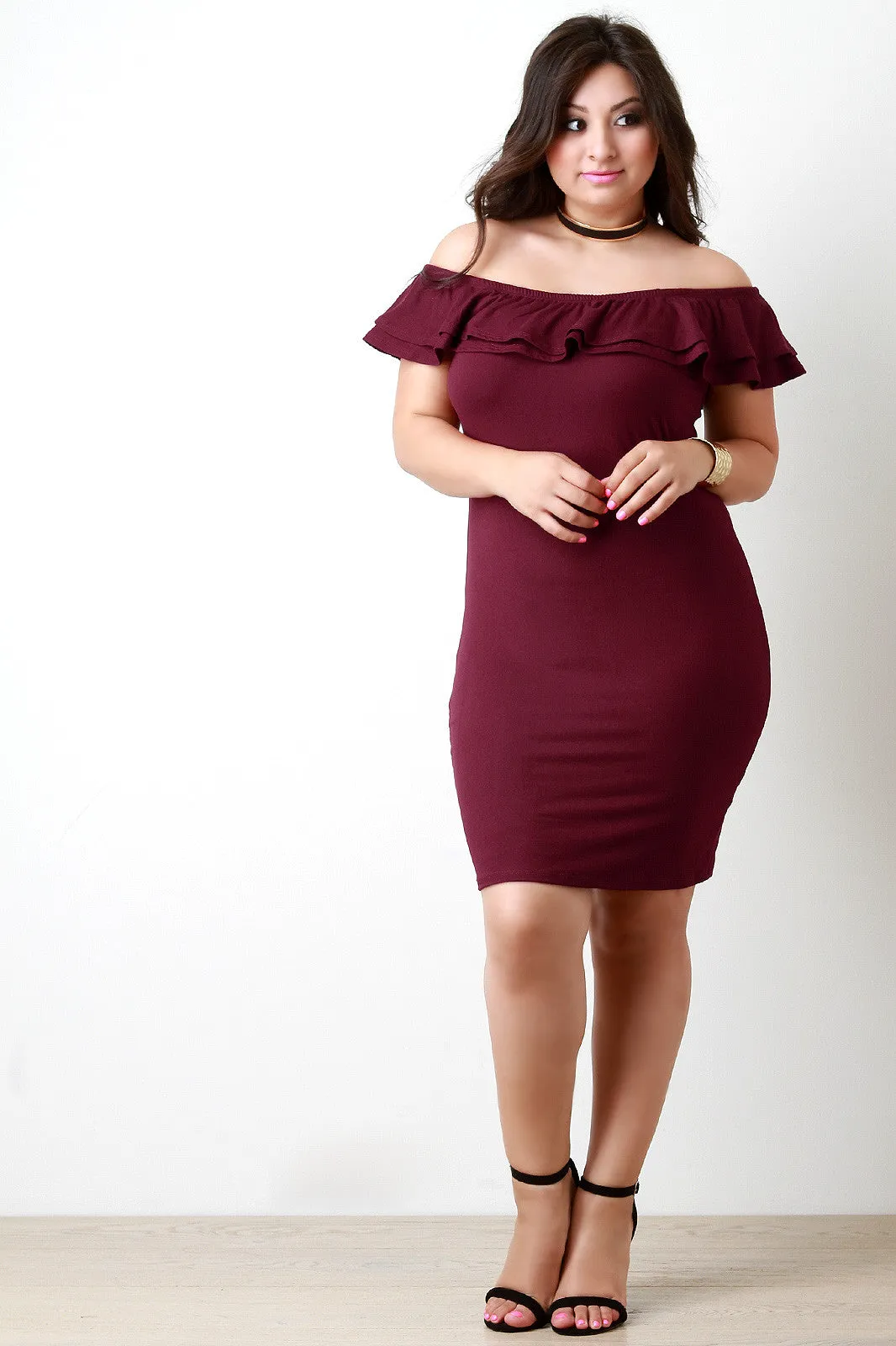 Off The Shoulder Layer Ruffle Bodycon Dress