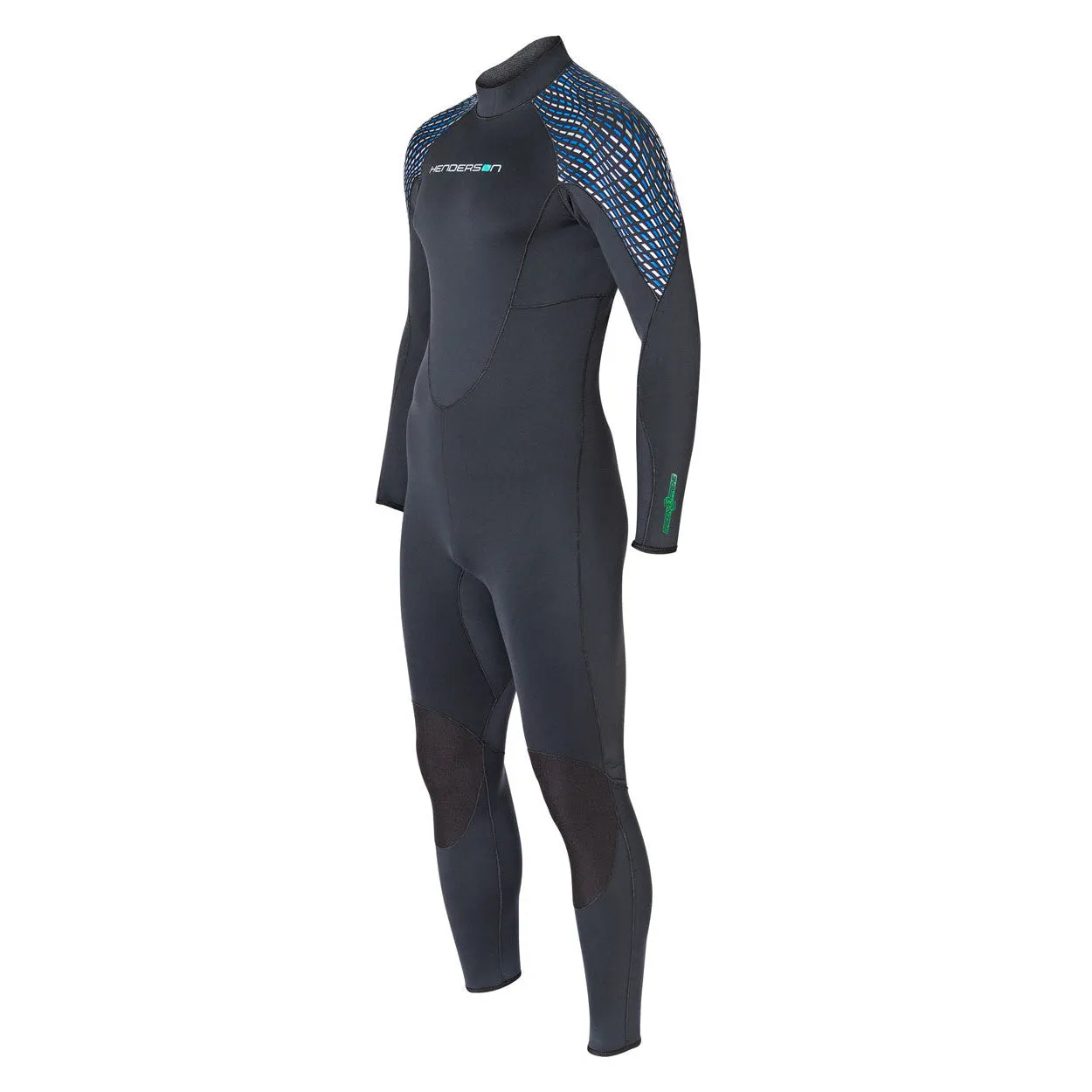 Open Box Henderson Mens 5mm Greenprene Back Zip Full Wetsuit-Black/Blue/Silver-XLS