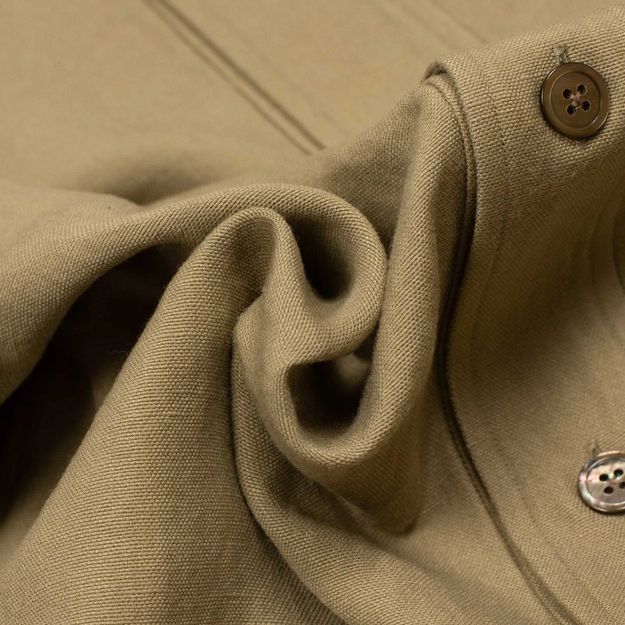 Oversized stand collar shirt jacket in camel color soft wool and linen oxford