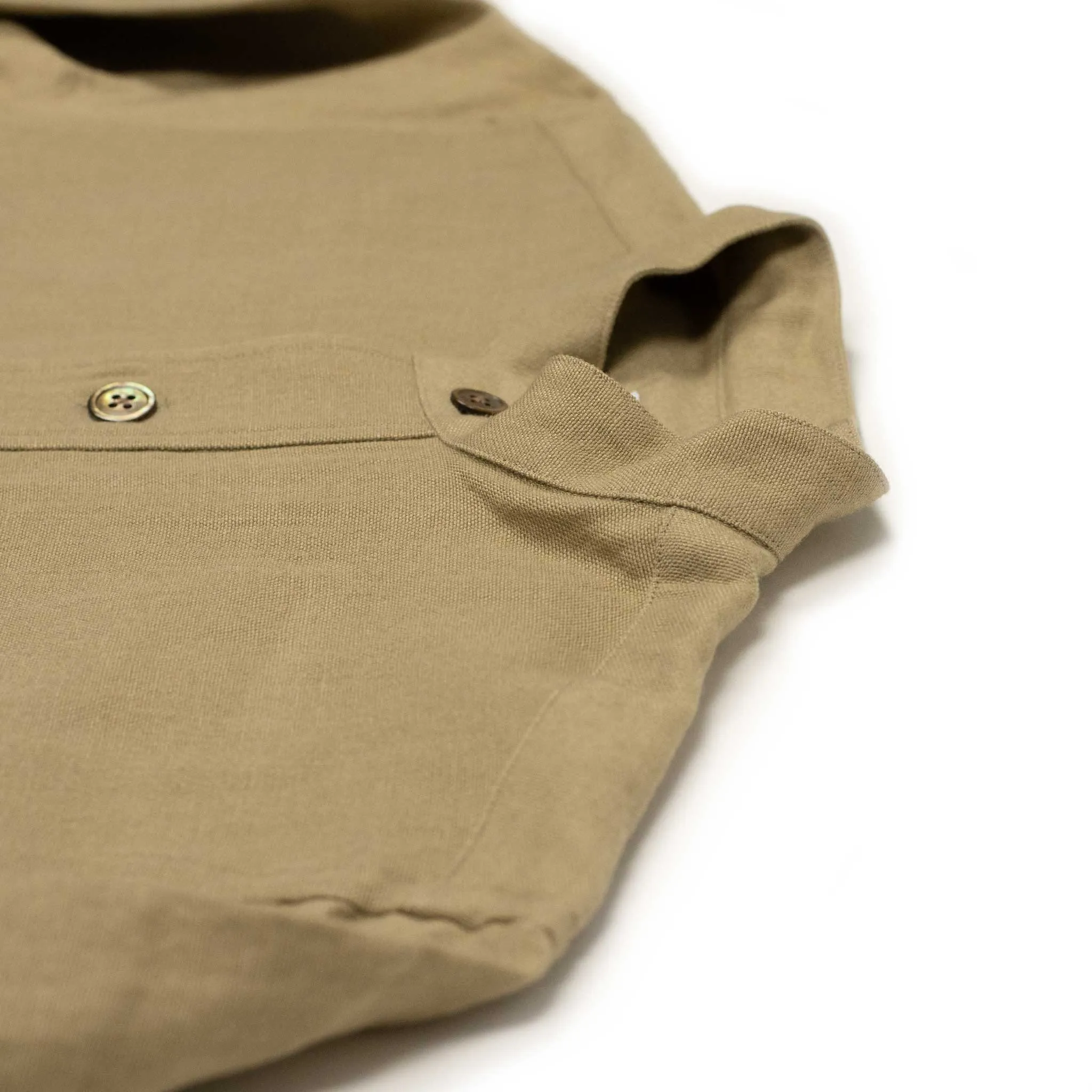 Oversized stand collar shirt jacket in camel color soft wool and linen oxford