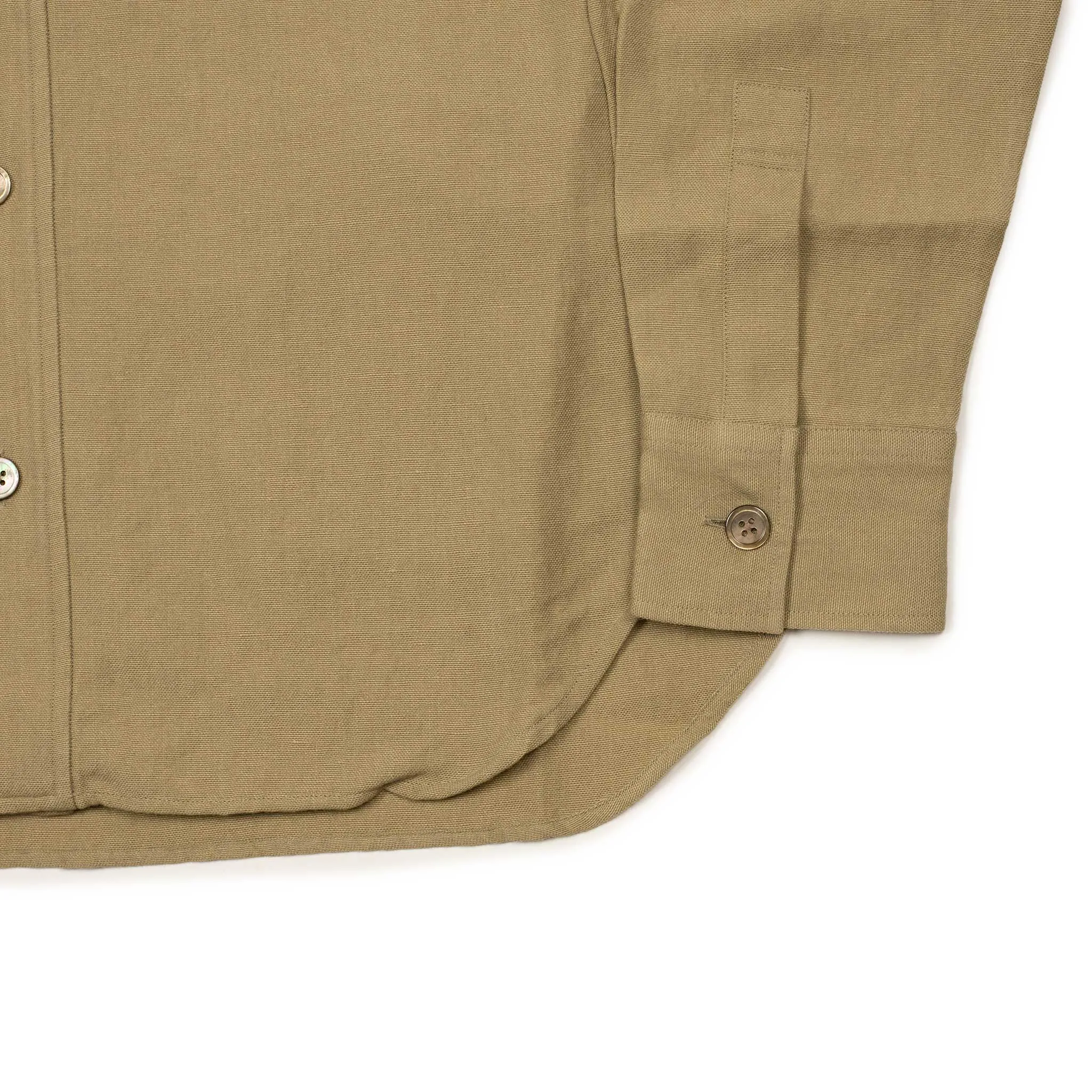 Oversized stand collar shirt jacket in camel color soft wool and linen oxford