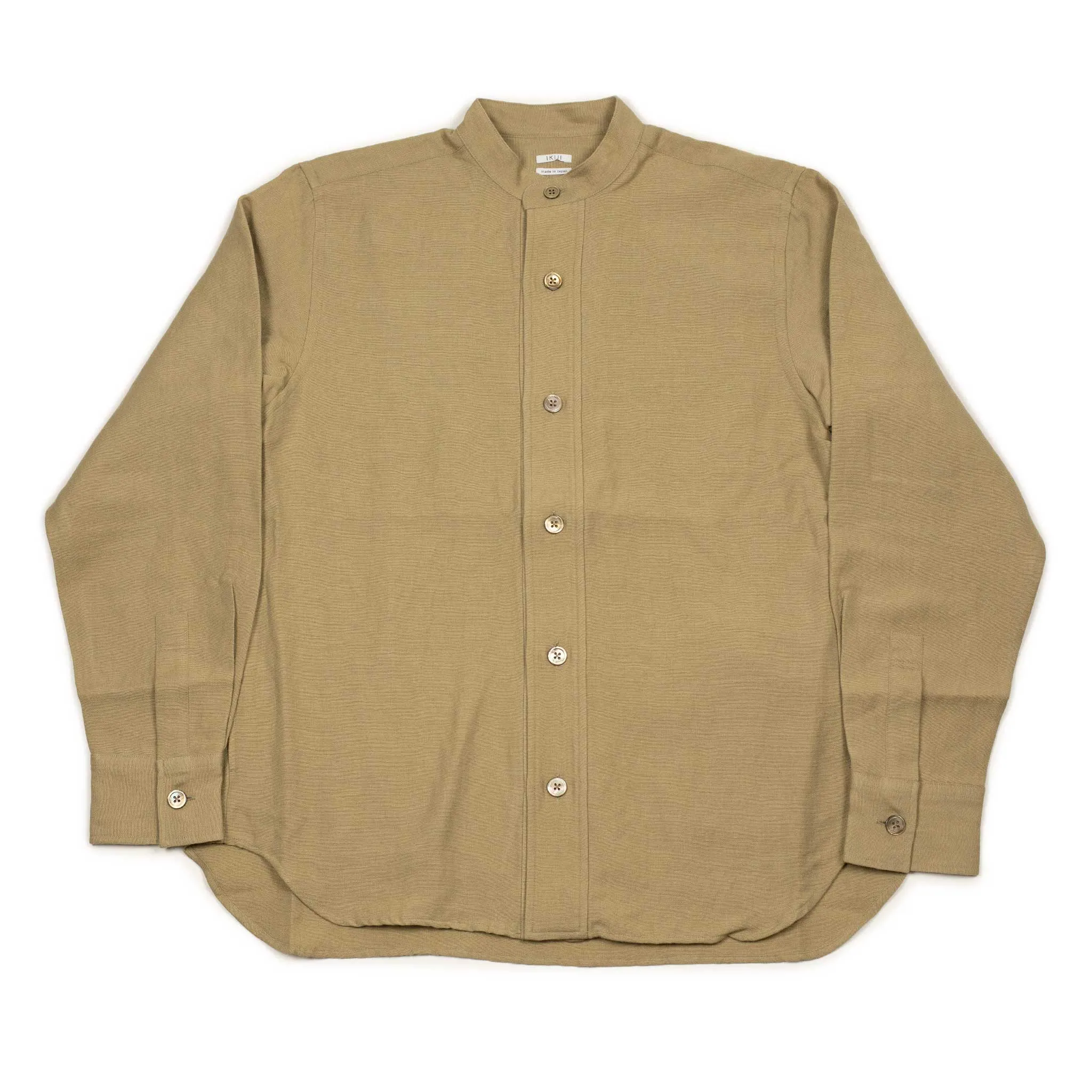 Oversized stand collar shirt jacket in camel color soft wool and linen oxford