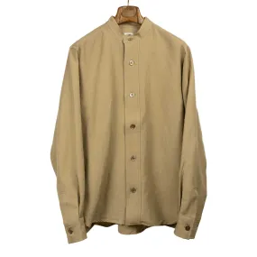 Oversized stand collar shirt jacket in camel color soft wool and linen oxford