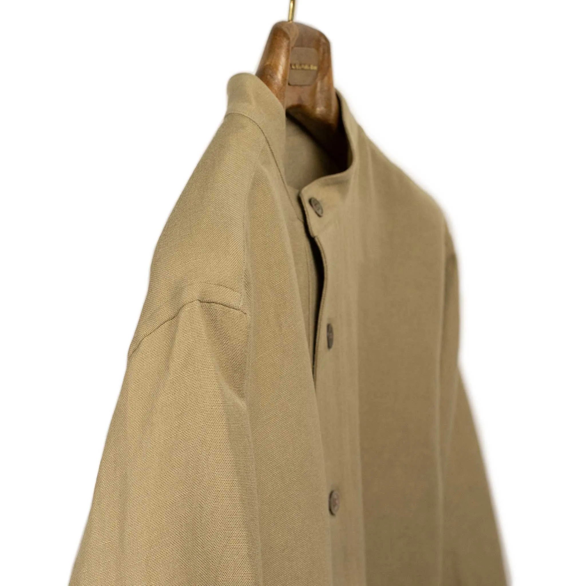 Oversized stand collar shirt jacket in camel color soft wool and linen oxford