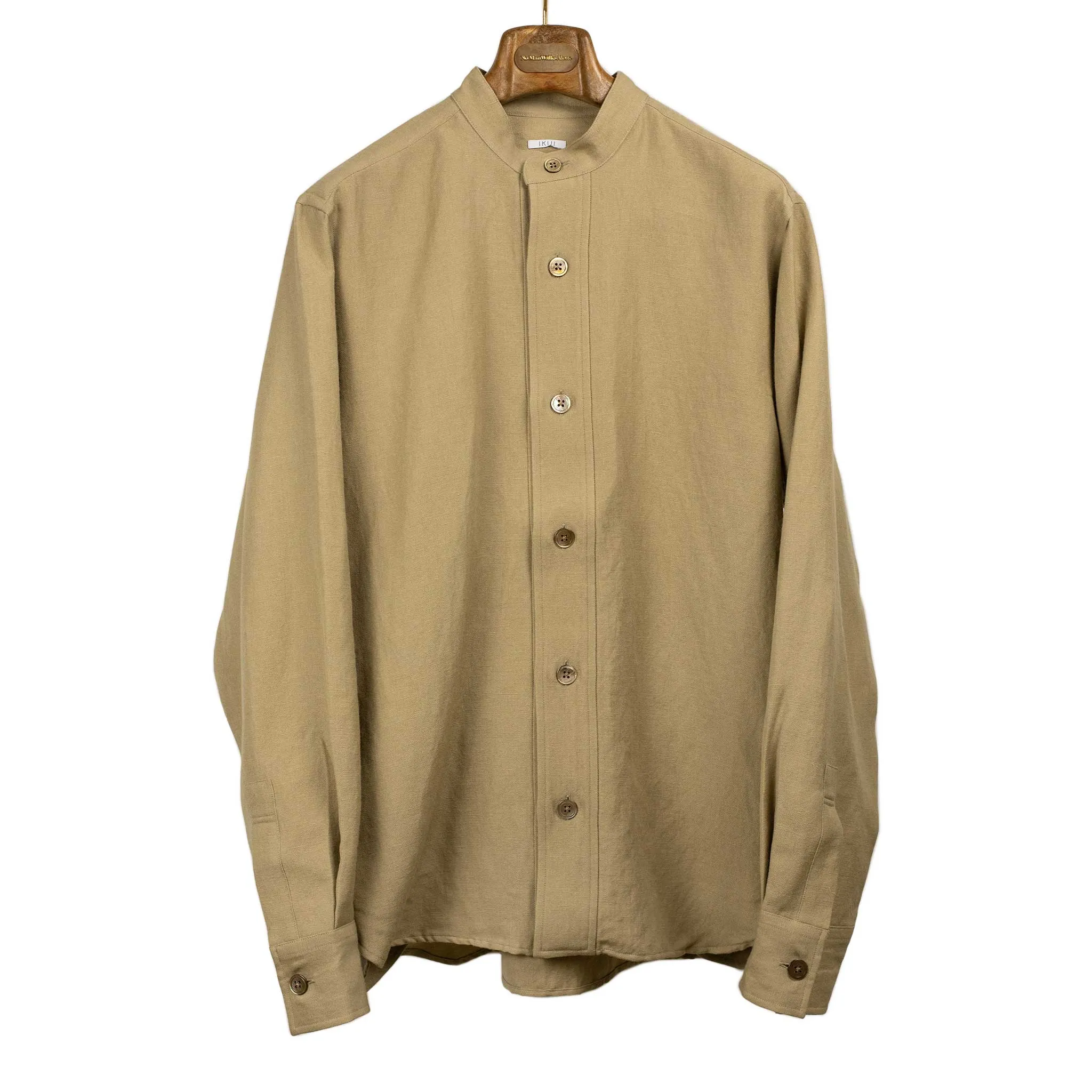 Oversized stand collar shirt jacket in camel color soft wool and linen oxford