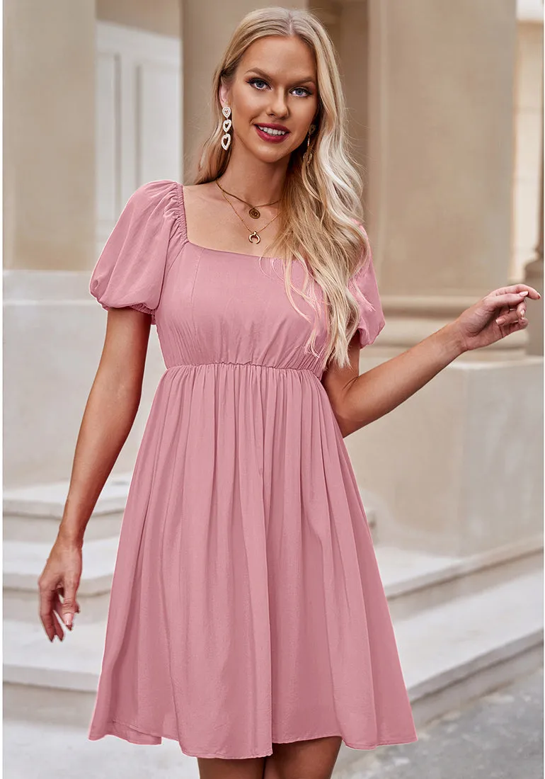 Parfait Pink Women's Off the Shoulder Puff Sleeve Square Neck A-Line Babydoll Dresses