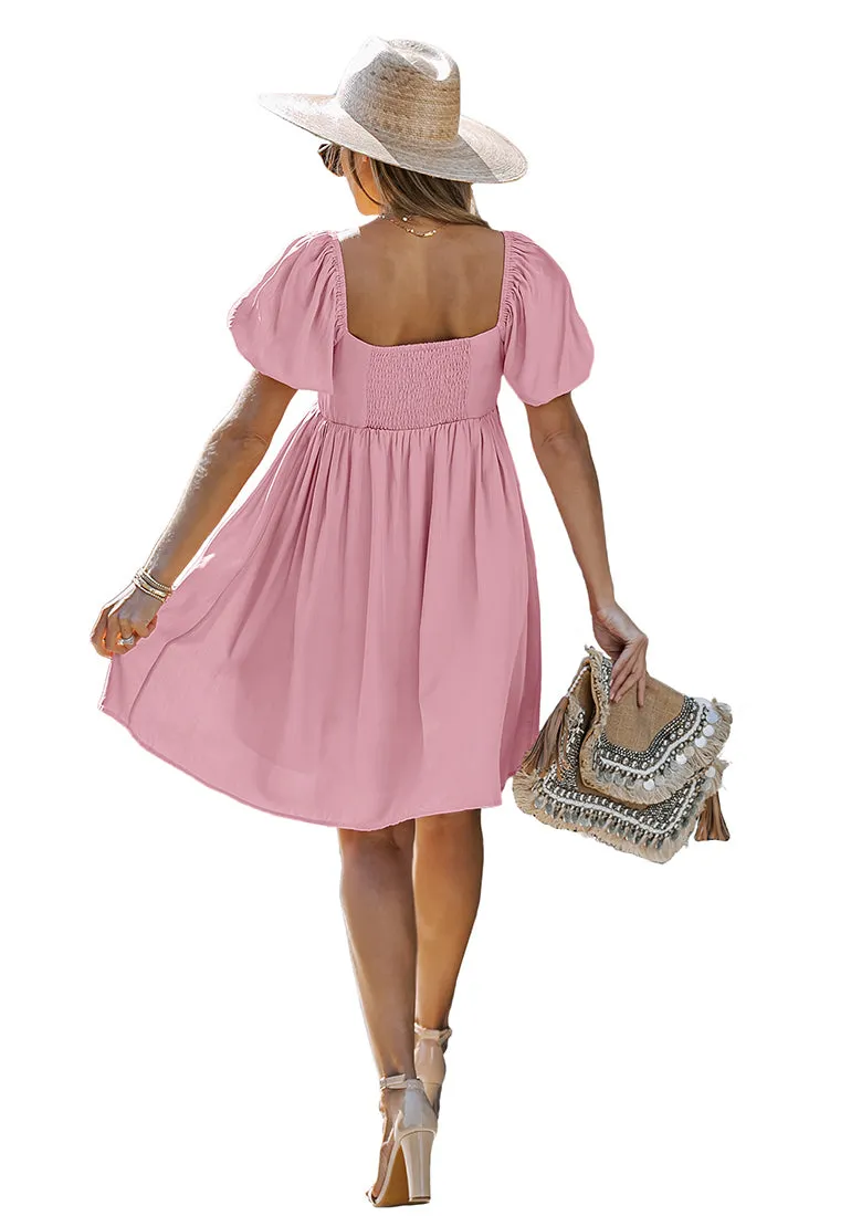 Parfait Pink Women's Off the Shoulder Puff Sleeve Square Neck A-Line Babydoll Dresses