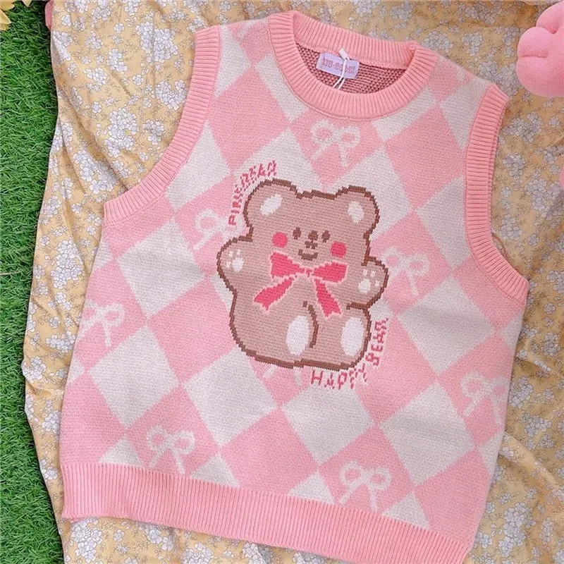 Pink Argyle Teddy Bear Sweater Vest