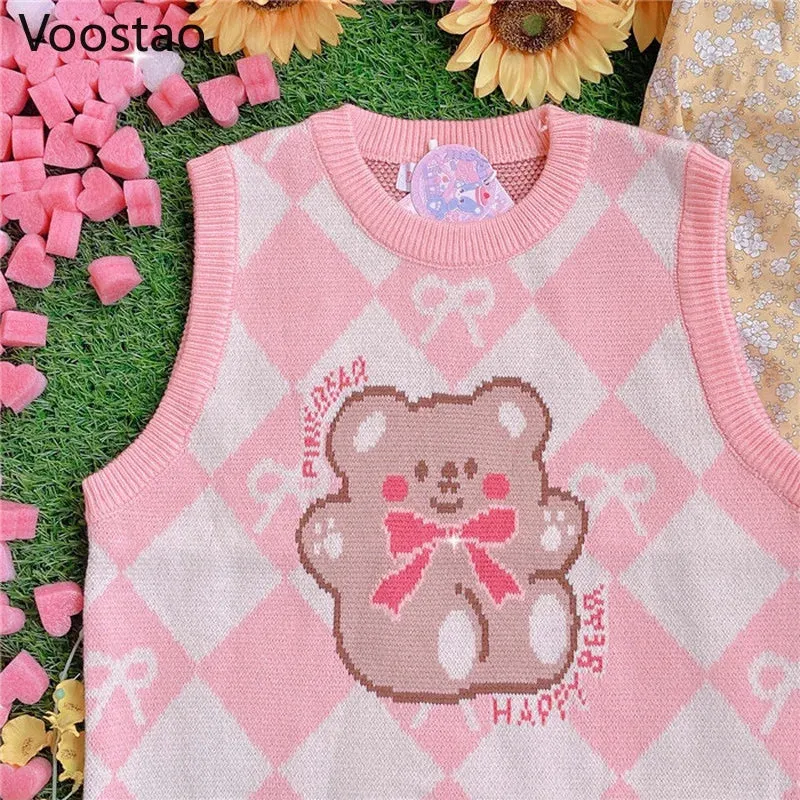 Pink Argyle Teddy Bear Sweater Vest