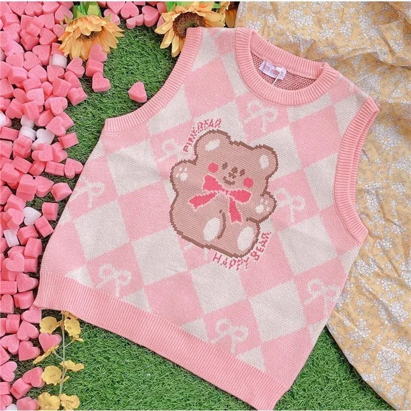 Pink Argyle Teddy Bear Sweater Vest