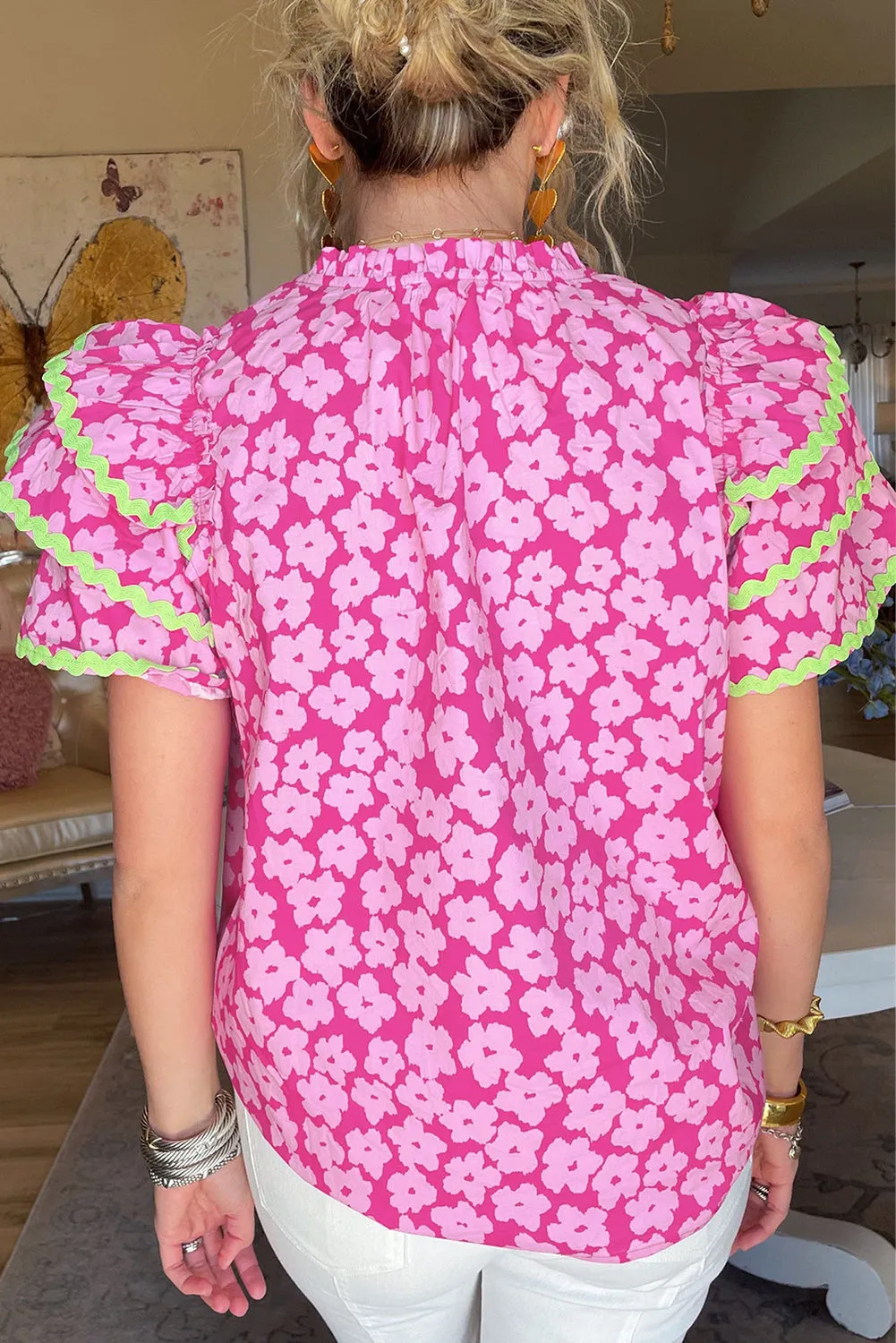 Pink Contrast Ric Rac Layered Ruffle Sleeve Floral Blouse