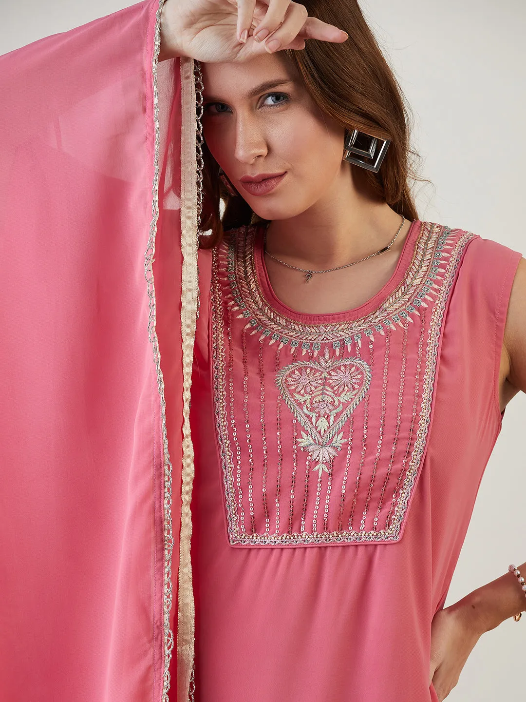 Pink Hand Embroidered Asymmetrical Kaftan Party Dress