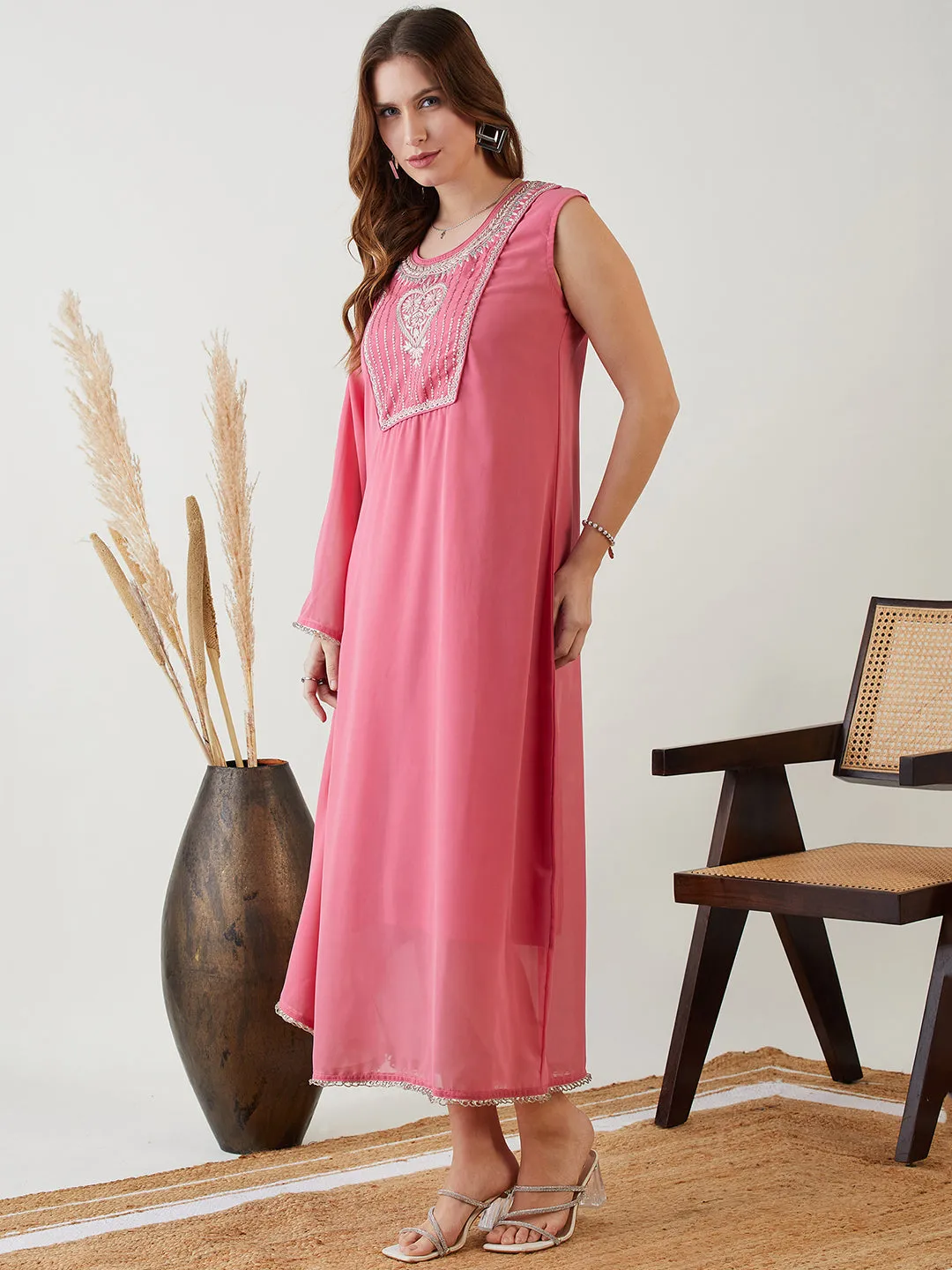 Pink Hand Embroidered Asymmetrical Kaftan Party Dress