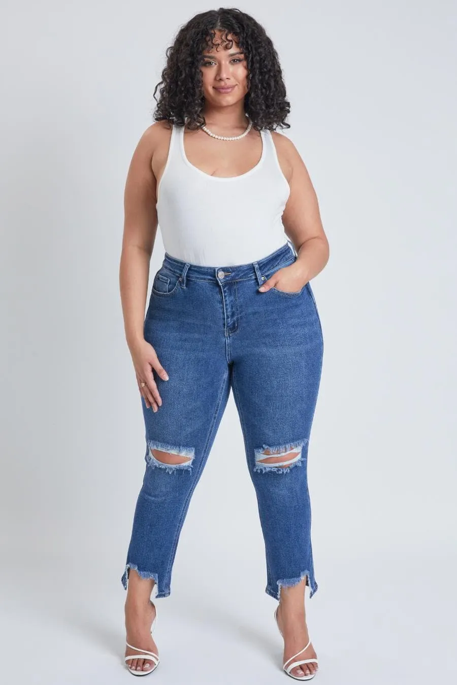 Plus Size Women's Dream Slim Straight Ankle Jeans With Hem Destruction