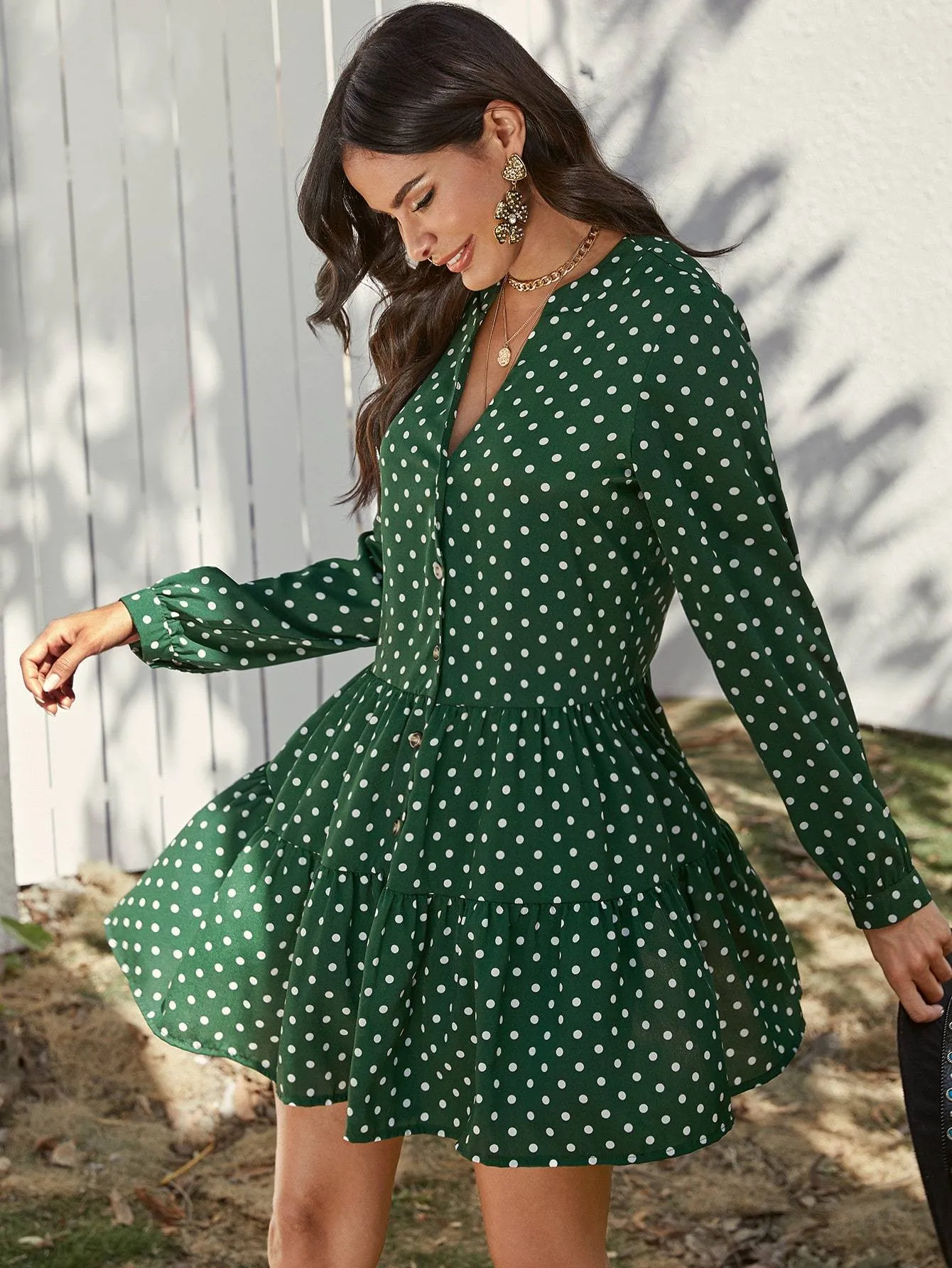 Polka Dot Button Front Babydoll Dress