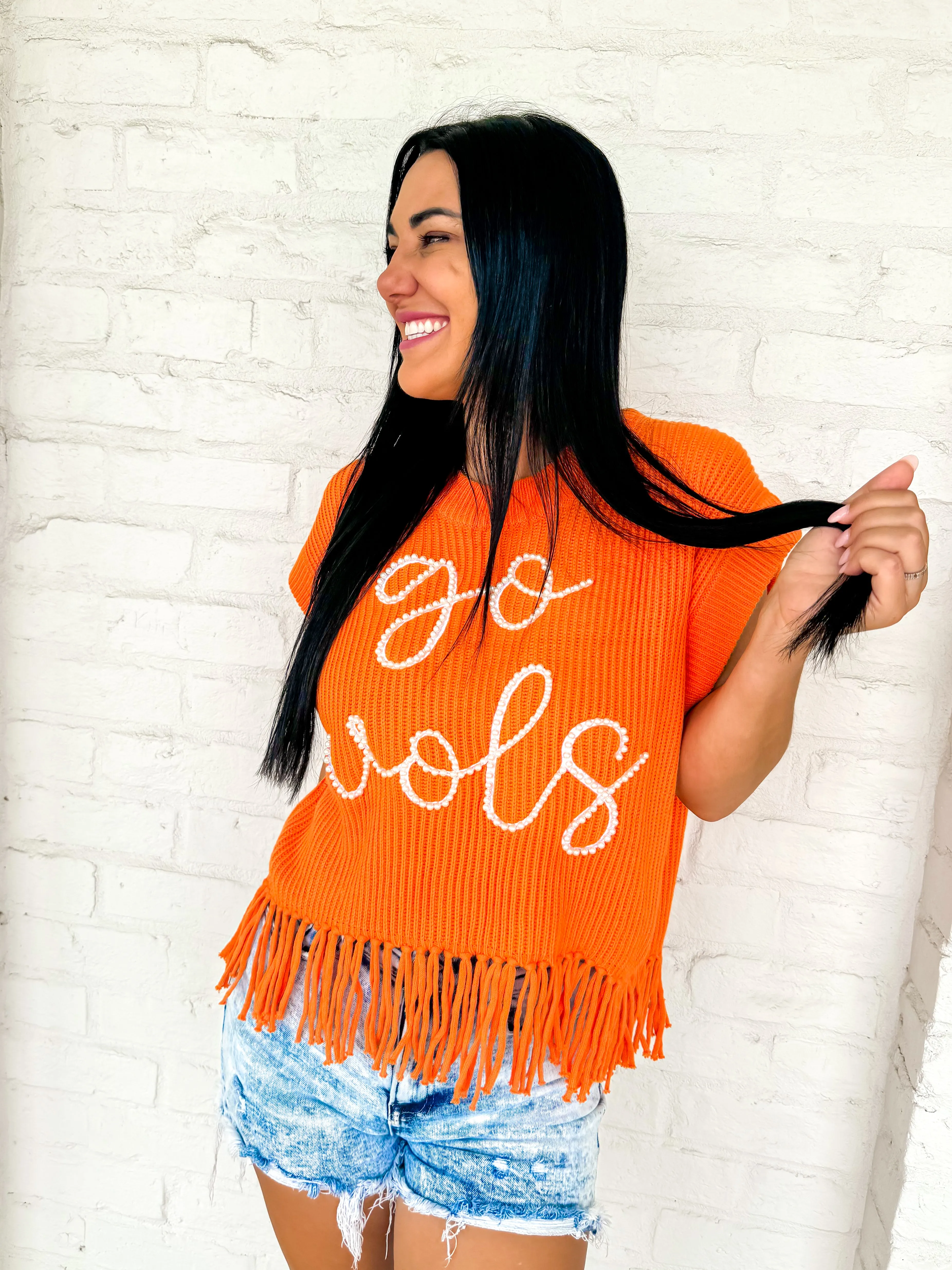 Queen Of Sparkles Orange Go Vols Fringe Sweater Vest