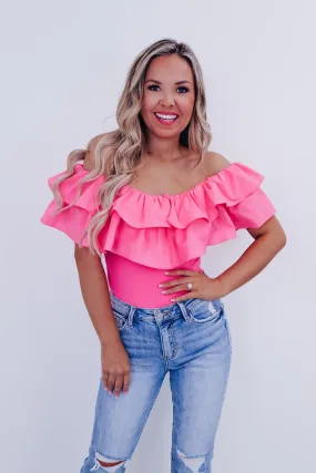 Radiant Ruffled Off Shoulder Bodysuit  - Pink