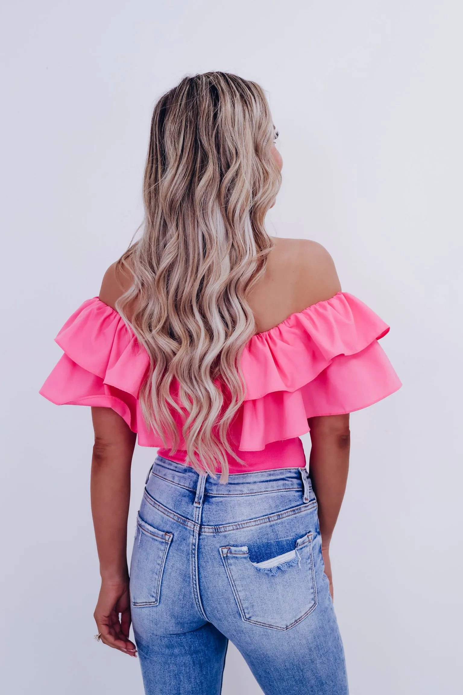 Radiant Ruffled Off Shoulder Bodysuit  - Pink