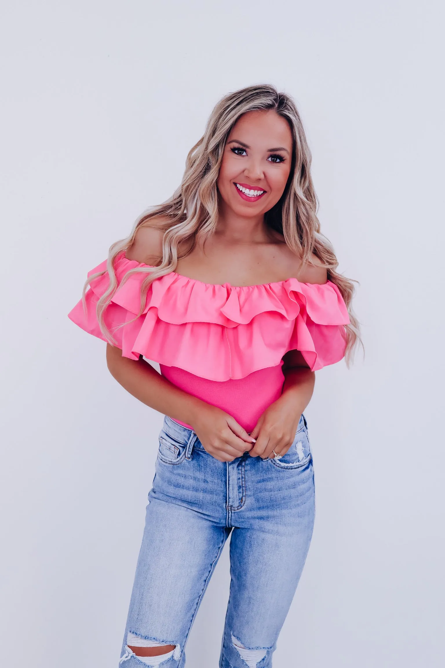 Radiant Ruffled Off Shoulder Bodysuit  - Pink