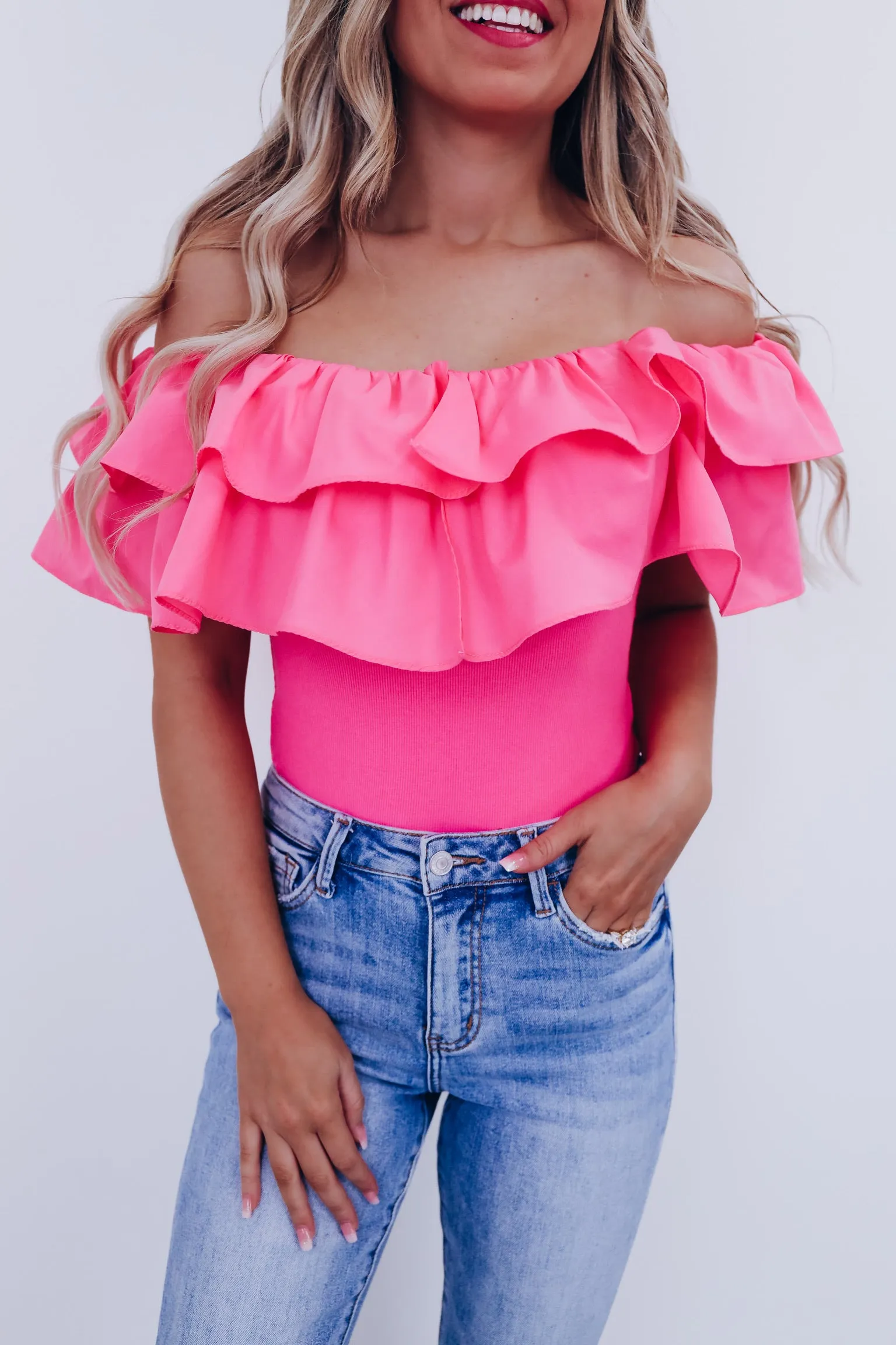 Radiant Ruffled Off Shoulder Bodysuit  - Pink