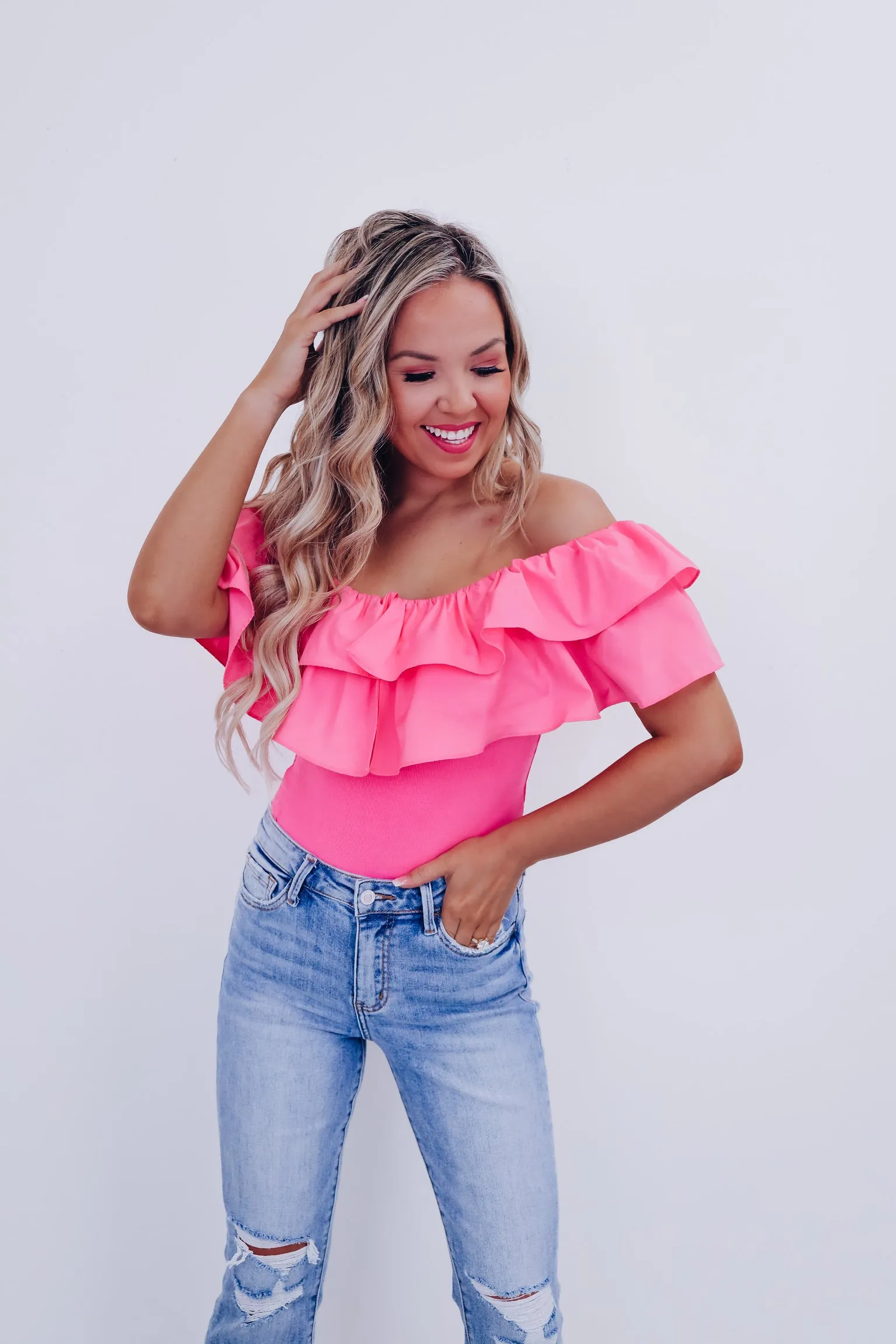 Radiant Ruffled Off Shoulder Bodysuit  - Pink