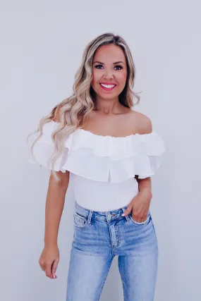 Radiant Ruffled Off Shoulder Bodysuit  - White