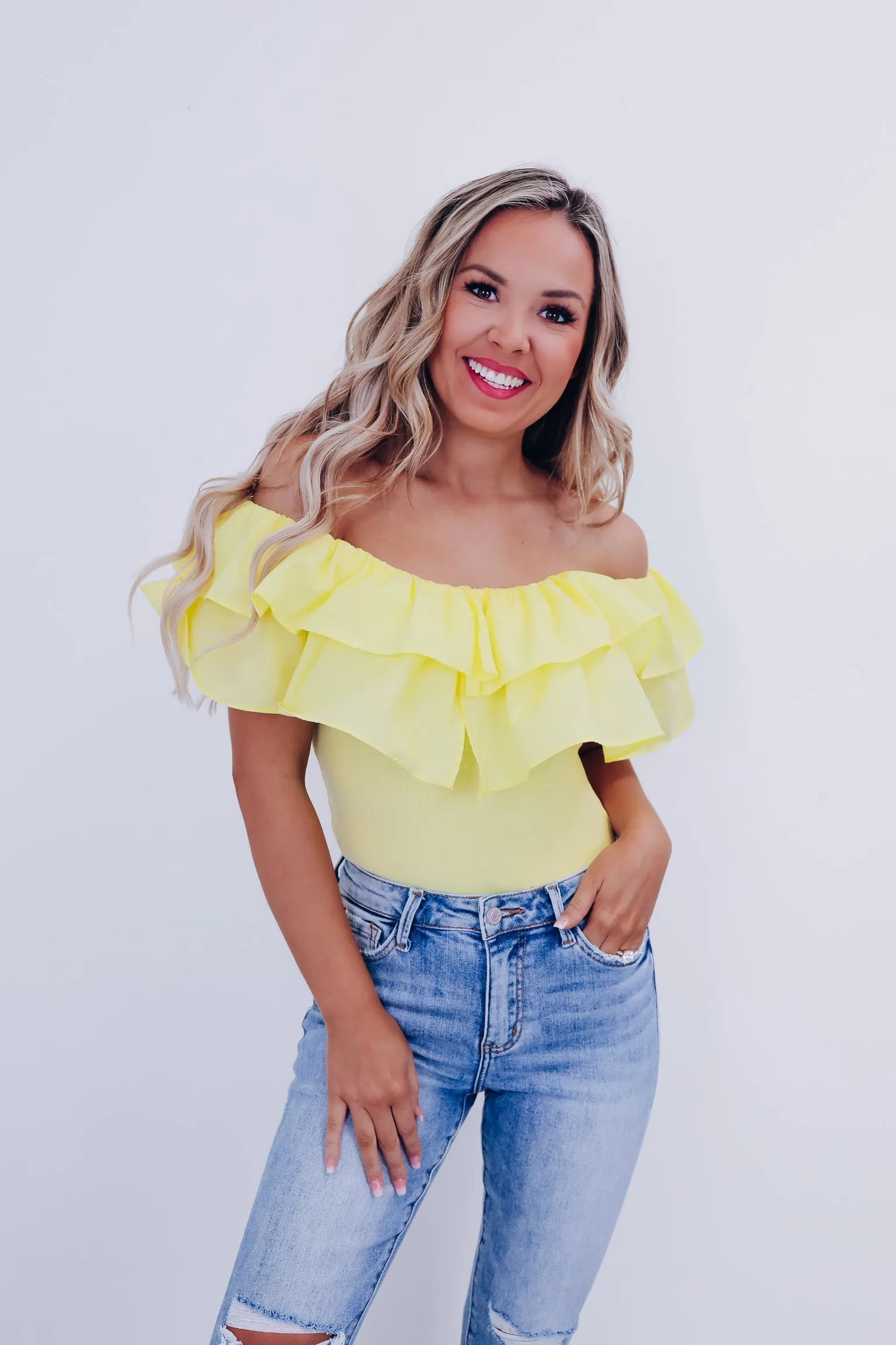 Radiant Ruffled Off Shoulder Bodysuit  - Yellow