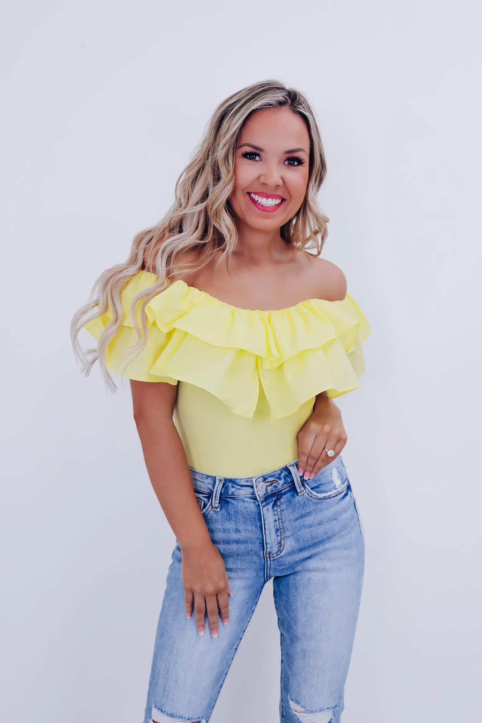 Radiant Ruffled Off Shoulder Bodysuit  - Yellow