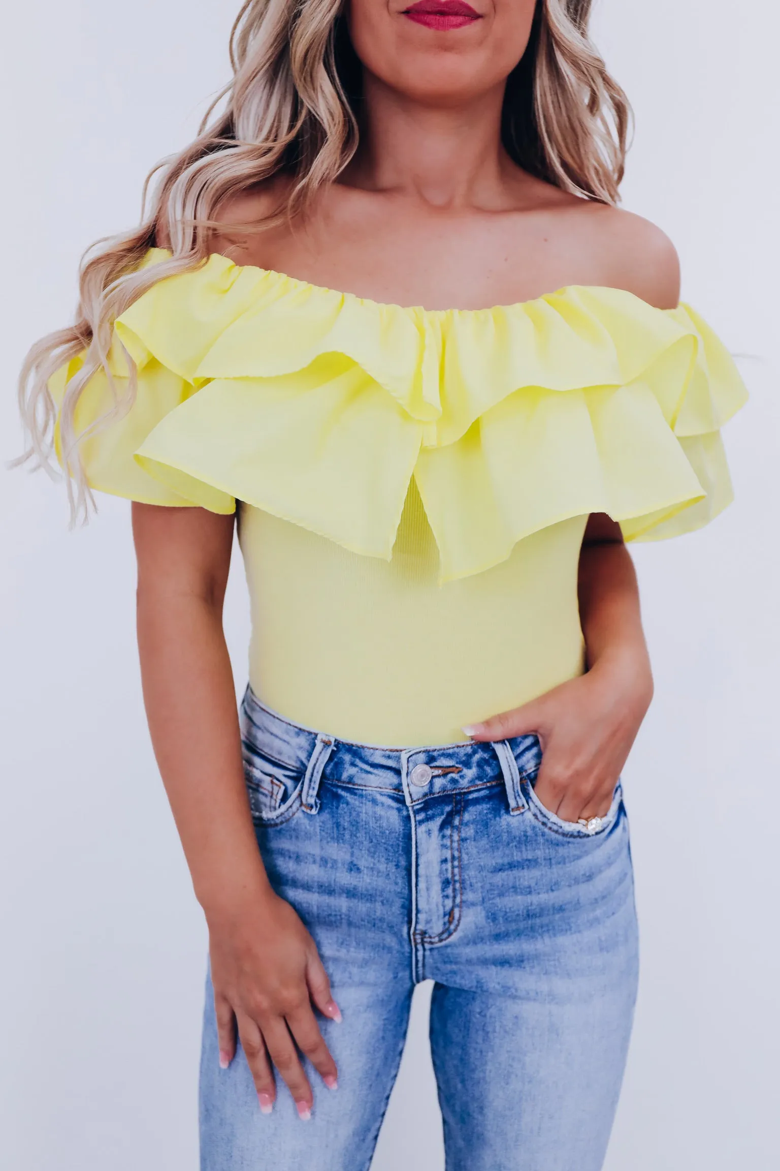 Radiant Ruffled Off Shoulder Bodysuit  - Yellow