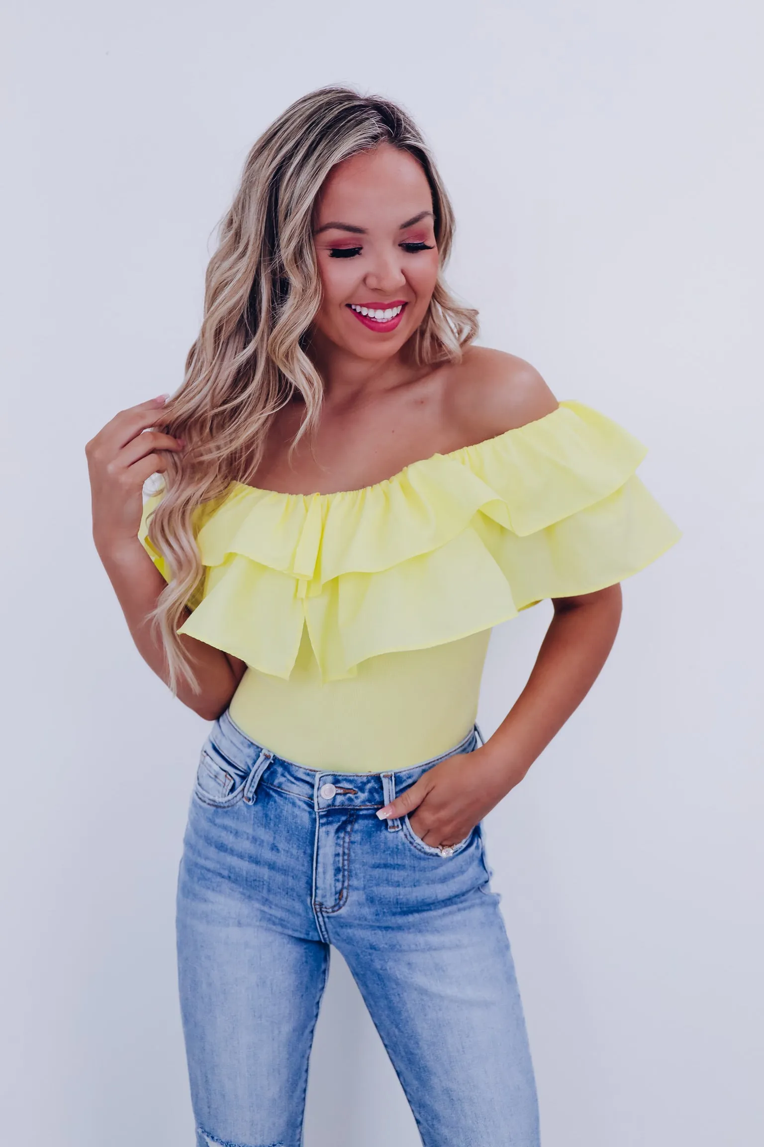 Radiant Ruffled Off Shoulder Bodysuit  - Yellow