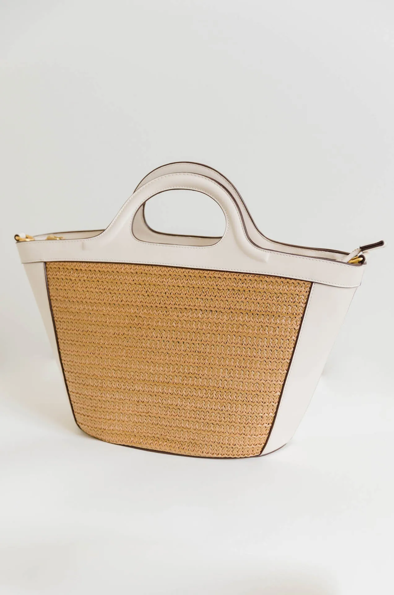 Raffia Ivory Vegan Leather Top Handle Bag